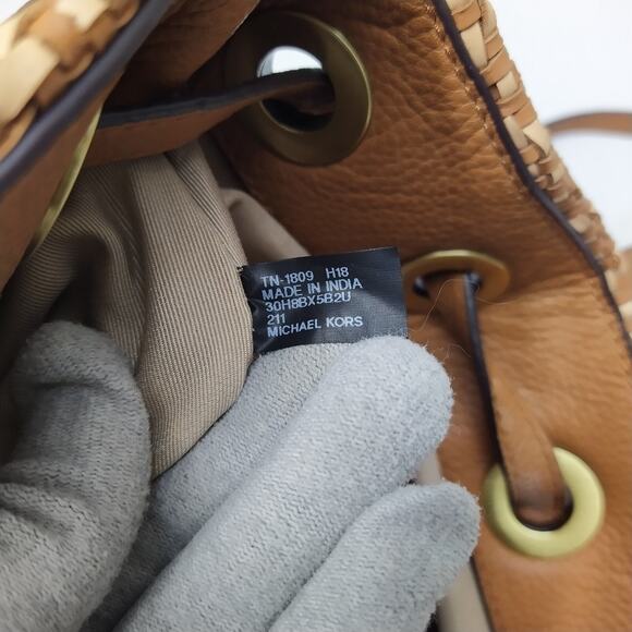 Michael Kors Junie Brown Chevron Woven Leather Drawstring Flap Closure Backpack - Picture 11 of 16